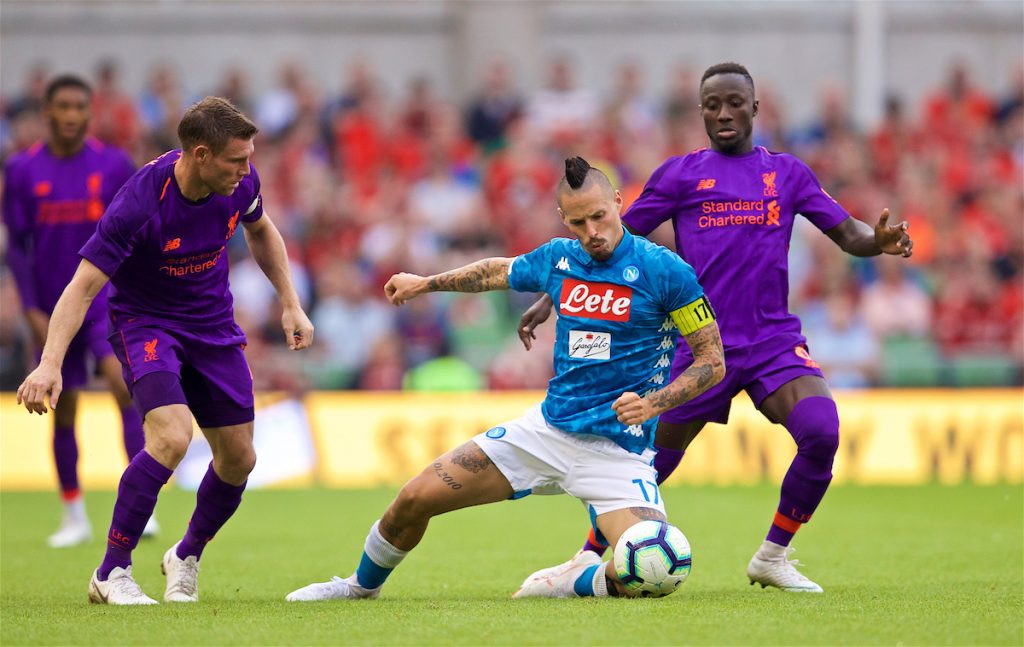 DUBLIN, REPUBLIC OF IRELAND - Saturday, August 4, 2018: Napoli's captain Marek Hamík and Liverpool's James Milner (left) and Naby Keita (right) during the preseason friendly match between SSC Napoli and Liverpool FC at Landsdowne Road. (Pic by David Rawcliffe/Propaganda)