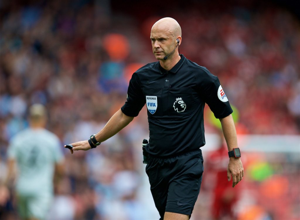 LIVERPOOL, ENGLAND - Sunday, August 12, 2018: Referee Anthony Taylor during the FA Premier League match between Liverpool FC and West Ham United FC at Anfield. (Pic by David Rawcliffe/Propaganda)