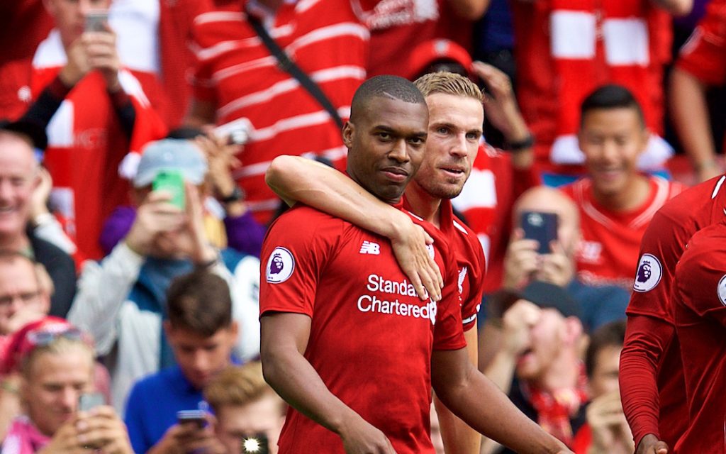 LIVERPOOL, ENGLAND - Sunday, August 12, 2018: Liverpool's Daniel Sturridge celebrates scoring the fourth goal during the FA Premier League match between Liverpool FC and West Ham United FC at Anfield. (Pic by David Rawcliffe/Propaganda)