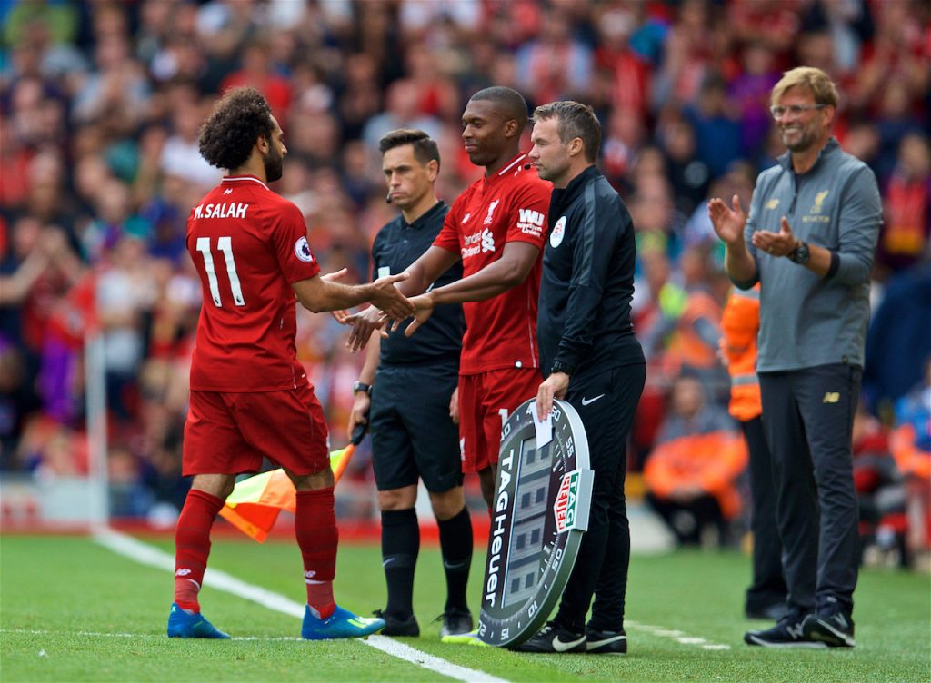 LIVERPOOL, ENGLAND - Sunday, August 12, 2018: Liverpool's Mohamed Salah is replaced by substitute Daniel Sturridge during the FA Premier League match between Liverpool FC and West Ham United FC at Anfield. (Pic by David Rawcliffe/Propaganda)