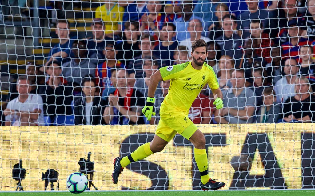 LONDON, ENGLAND - Monday, August 20, 2018: Liverpool's goalkeeper Alisson Becker during the FA Premier League match between Crystal Palace and Liverpool FC at Selhurst Park. (Pic by David Rawcliffe/Propaganda)