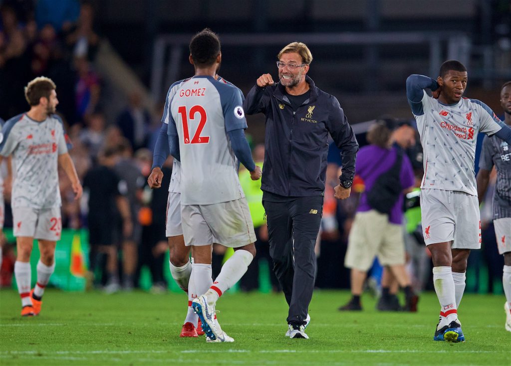 LONDON, ENGLAND - Monday, August 20, 2018: Liverpool's Joe Gomez and manager Jürgen Klopp celebrate after the FA Premier League match between Crystal Palace and Liverpool FC at Selhurst Park. (Pic by David Rawcliffe/Propaganda)
