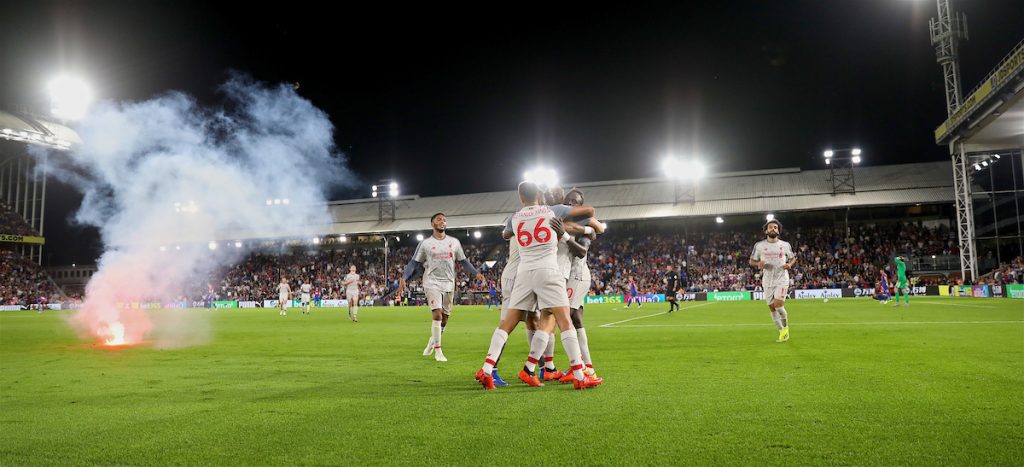 LONDON, ENGLAND - Monday, August 20, 2018: Liverpool's Trent Alexander-Arnold celebrates scoring the second goal with team-mates during the FA Premier League match between Crystal Palace and Liverpool FC at Selhurst Park. (Pic by David Rawcliffe/Propaganda)