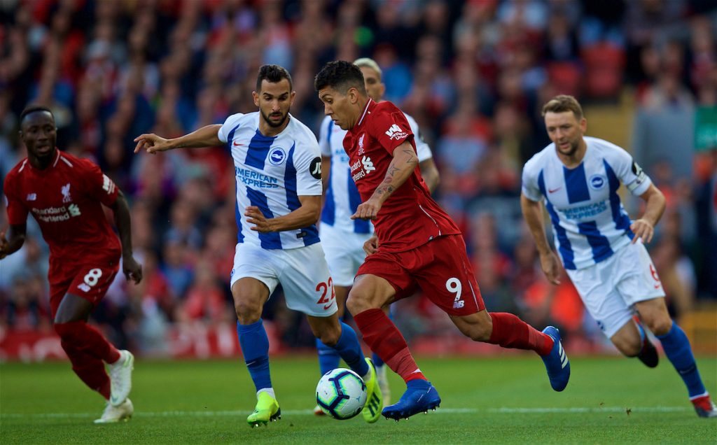 LIVERPOOL, ENGLAND - Saturday, August 25, 2018: Brighton & Hove Albion's Martín Montoya (left) and Liverpool's Roberto Firmino (right) during the FA Premier League match between Liverpool FC and Brighton & Hove Albion FC at Anfield. (Pic by David Rawcliffe/Propaganda)