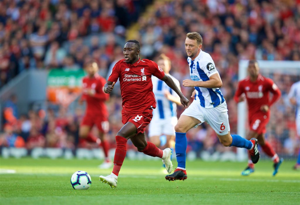 LIVERPOOL, ENGLAND - Saturday, August 25, 2018: Liverpool's Naby Keita and Brighton & Hove Albion's captain Dale Stephens during the FA Premier League match between Liverpool FC and Brighton & Hove Albion FC at Anfield. (Pic by David Rawcliffe/Propaganda)