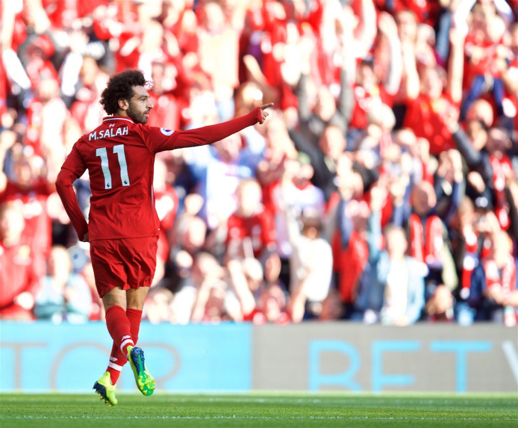 LIVERPOOL, ENGLAND - Saturday, August 25, 2018: Liverpool's Mohamed Salah celebrates scoring the first goal during the FA Premier League match between Liverpool FC and Brighton & Hove Albion FC at Anfield. (Pic by David Rawcliffe/Propaganda)