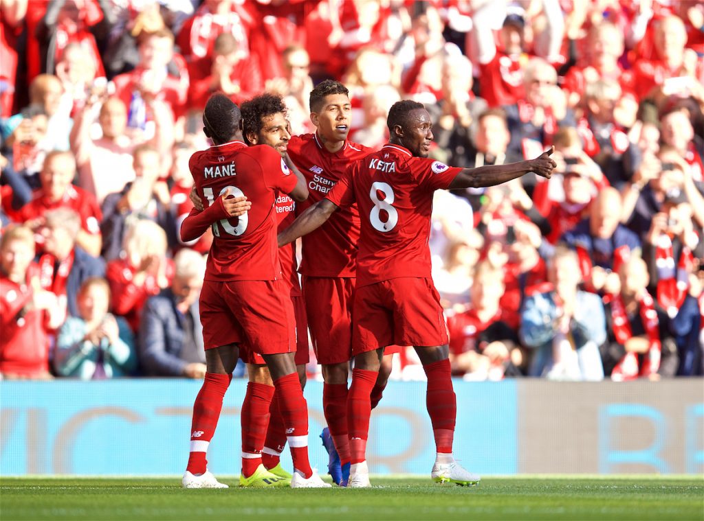 LIVERPOOL, ENGLAND - Saturday, August 25, 2018: Liverpool's Mohamed Salah celebrates scoring the first goal with team-mates during the FA Premier League match between Liverpool FC and Brighton & Hove Albion FC at Anfield. (Pic by David Rawcliffe/Propaganda)