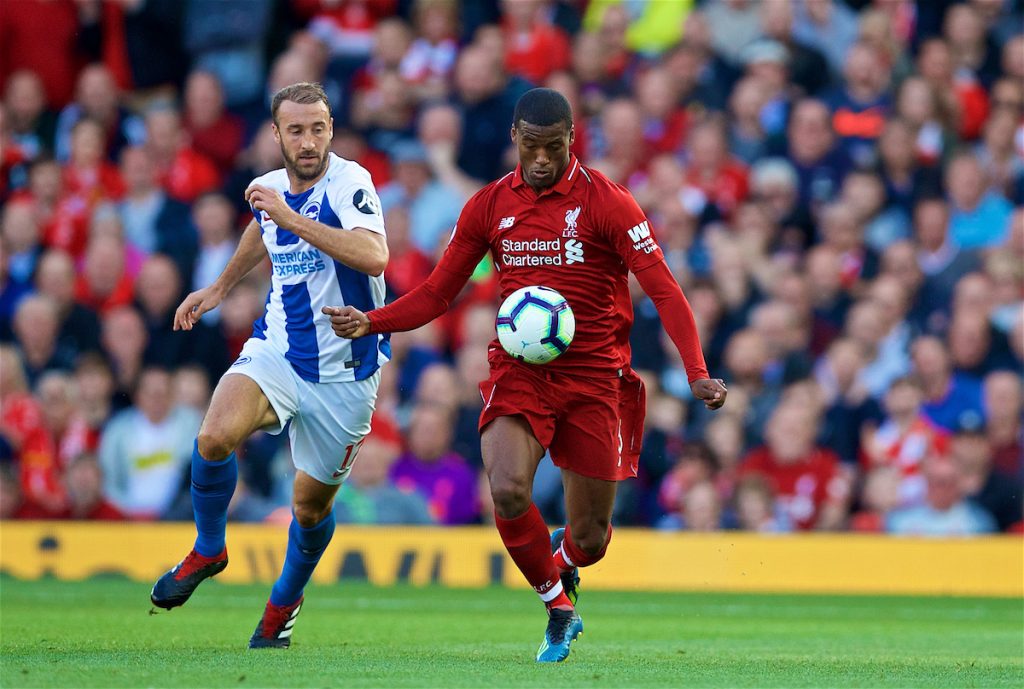 LIVERPOOL, ENGLAND - Saturday, August 25, 2018: Liverpool's Georginio Wijnaldum during the FA Premier League match between Liverpool FC and Brighton & Hove Albion FC at Anfield. (Pic by David Rawcliffe/Propaganda)