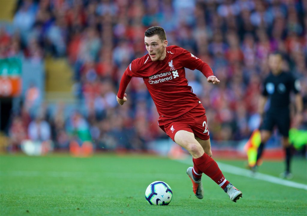 LIVERPOOL, ENGLAND - Saturday, August 25, 2018: Liverpool's Andy Robertson during the FA Premier League match between Liverpool FC and Brighton & Hove Albion FC at Anfield. (Pic by David Rawcliffe/Propaganda)