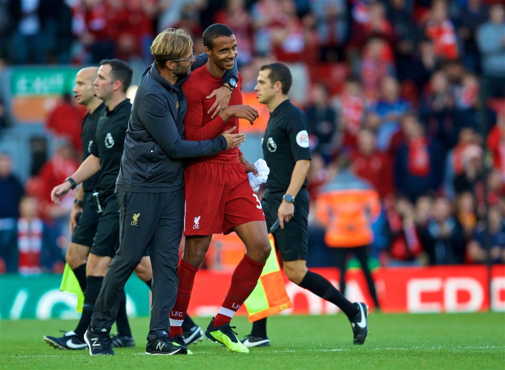 LIVERPOOL, ENGLAND - Saturday, August 25, 2018: Liverpool's manager Jürgen Klopp and Joel Matip celebrates after the 1:0 victory at the FA Premier League match between Liverpool FC and Brighton & Hove Albion FC at Anfield. (Pic by David Rawcliffe/Propaganda)