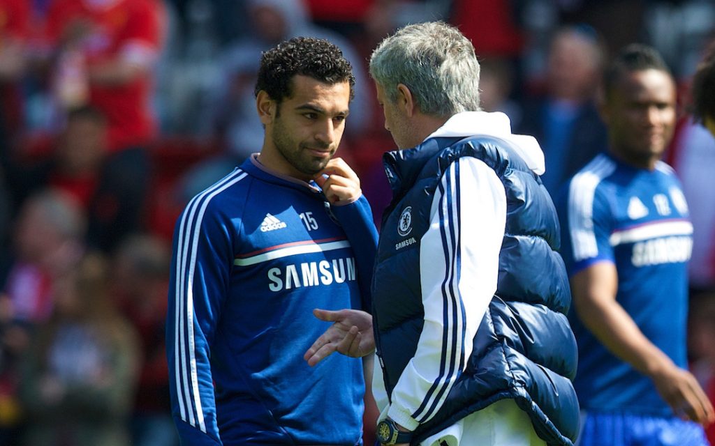 LIVERPOOL, ENGLAND - Sunday, April 27, 2014: A nervous looking Chelsea manager Jose Mourinho with Mohamed Salah on the pitch before the Premiership match against Liverpool at Anfield. (Pic by David Rawcliffe/Propaganda)