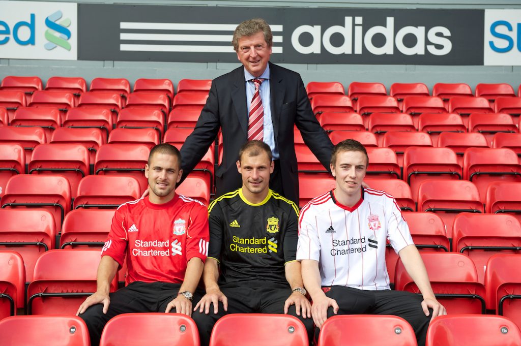 LIVERPOOL, ENGLAND - Tuesday, July 27, 2010: Liverpool FC's new signings Joe Cole, Danny Wilson and Milan Jovanovic with manager Roy Hodgson during a photo-call at Anfield. (Pic by David Rawcliffe/Propaganda)
