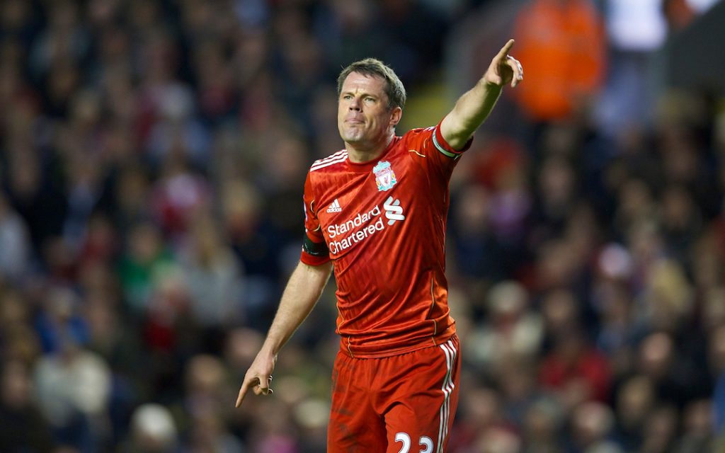 LIVERPOOL, ENGLAND - Monday, April 11, 2011: Liverpool's Jamie Carragher in action against Manchester City during the Premiership match at Anfield. (Photo by David Rawcliffe/Propaganda)