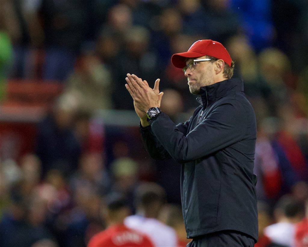 LIVERPOOL, ENGLAND - Sunday, November 8, 2015: Liverpool's manager Jürgen Klopp applause the supporters after his side's 2-1 home defeat to Crystal Palace during the Premier League match at Anfield. (Pic by David Rawcliffe/Propaganda)