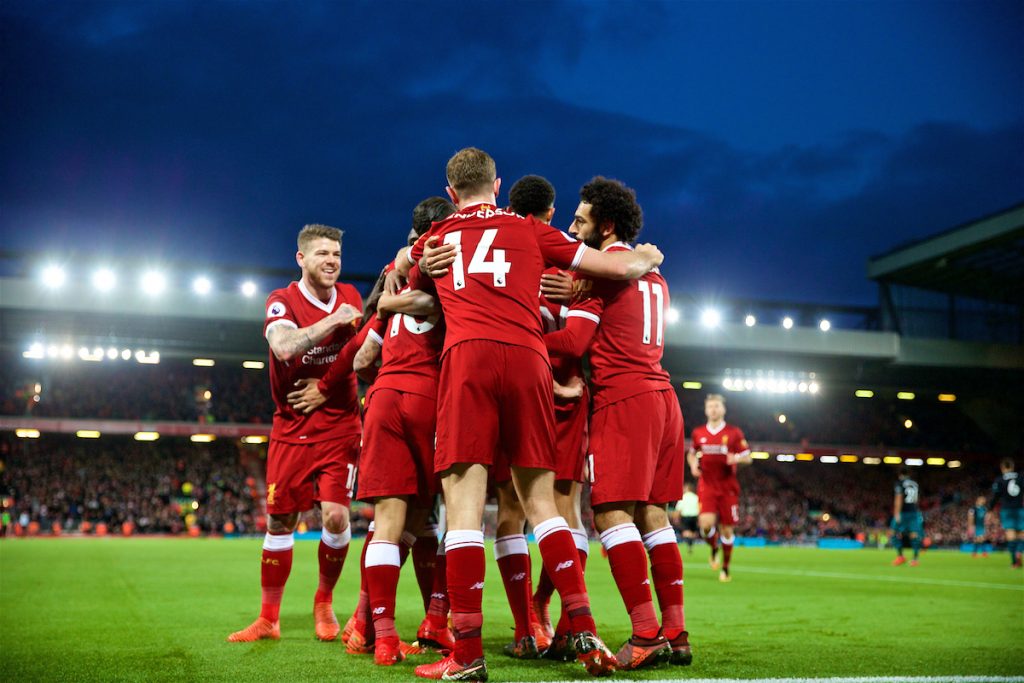 LIVERPOOL, ENGLAND - Saturday, October 28, 2017: Liverpool's Philippe Coutinho Correia celebrates scoring the third goal during the FA Premier League match between Liverpool and Southampton at Anfield. (Pic by David Rawcliffe/Propaganda)