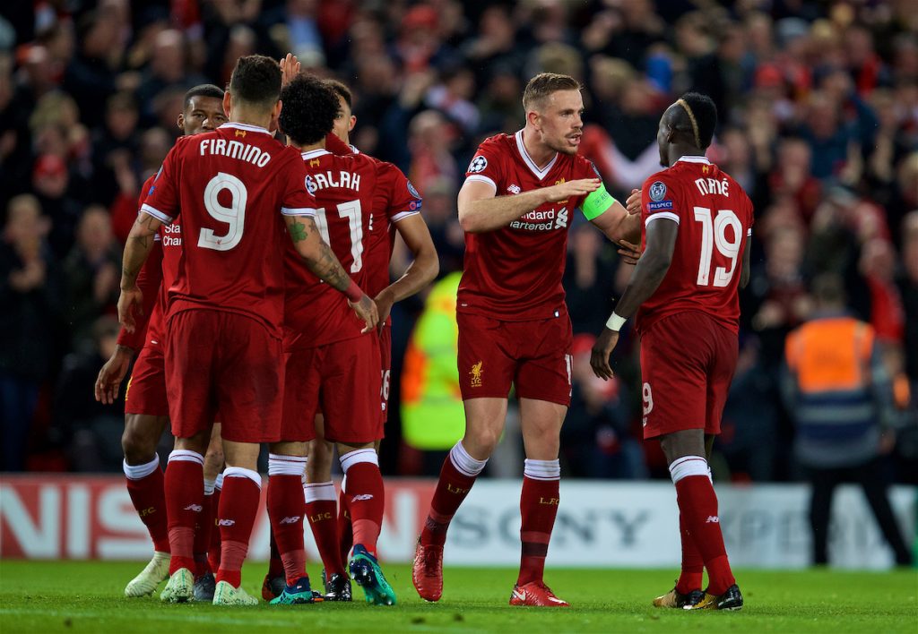 LIVERPOOL, ENGLAND - Tuesday, April 24, 2018: Liverpool's Sadio Mane scores the third goal with team-mate captain Jordan Henderson during the UEFA Champions League Semi-Final 1st Leg match between Liverpool FC and AS Roma at Anfield. (Pic by David Rawcliffe/Propaganda)