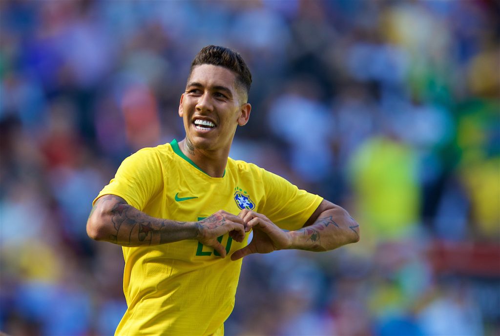 LIVERPOOL, ENGLAND - Sunday, June 3, 2018: Brazil and Liverpool striker Roberto Firmino celebrates scoring the second goal during an international friendly between Brazil and Croatia at Anfield. Brazil won 2-0. (Pic by David Rawcliffe/Propaganda)