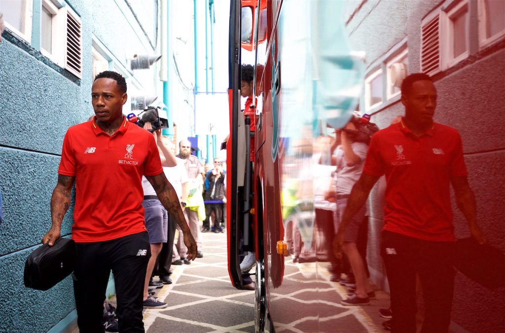 BIRKENHEAD, ENGLAND - Tuesday, July 10, 2018: Liverpool's Nathaniel Clyne gets off the team coach before a preseason friendly match between Tranmere Rovers FC and Liverpool FC at Prenton Park. (Pic by Paul Greenwood/Propaganda)