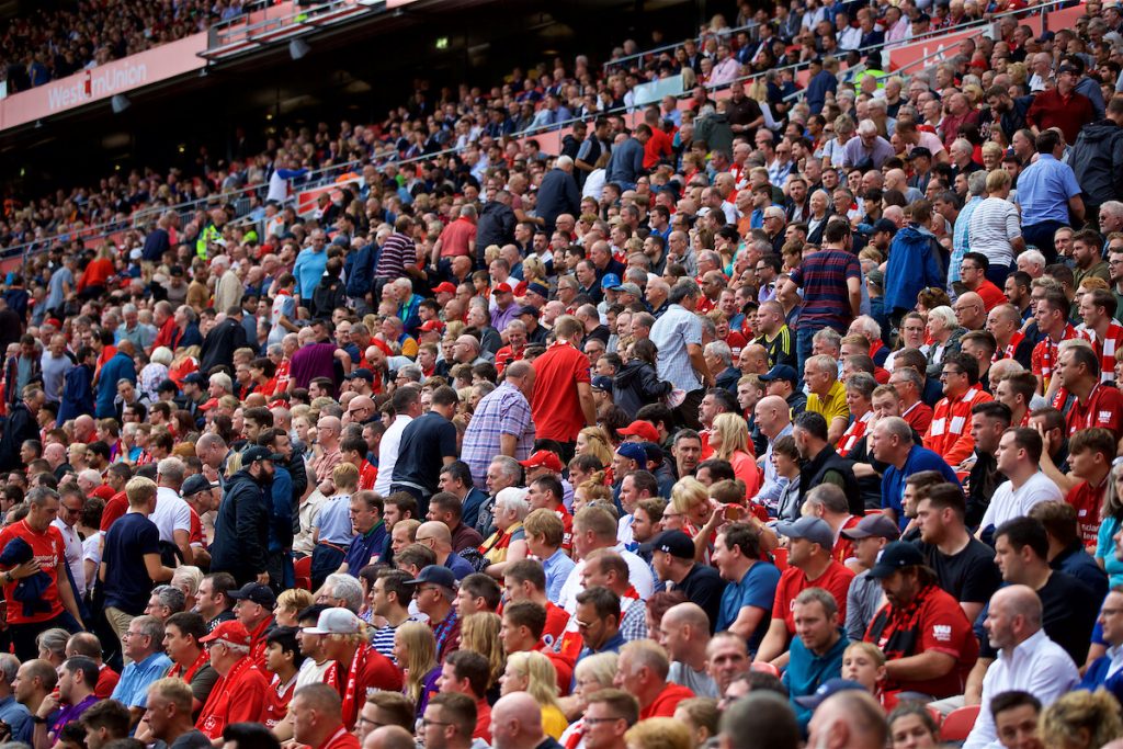 LIVERPOOL, ENGLAND - Sunday, August 12, 2018: Liverpool supporters head for the exits before the final whistle with their side leading 4-0 during the FA Premier League match between Liverpool FC and West Ham United FC at Anfield. (Pic by David Rawcliffe/Propaganda)