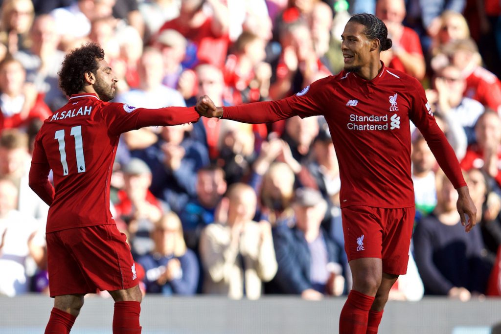 LIVERPOOL, ENGLAND - Saturday, August 25, 2018: Liverpool's Mohamed Salah celebrates scoring the only goal with team-mate Virgil van Dijk (right) during the FA Premier League match between Liverpool FC and Brighton & Hove Albion FC at Anfield. Liverpool won 1-0. (Pic by David Rawcliffe/Propaganda)