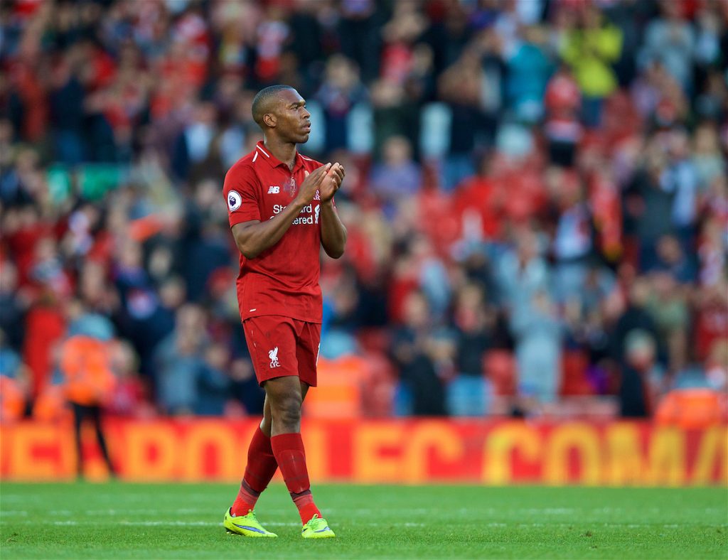 LIVERPOOL, ENGLAND - Saturday, August 25, 2018: Liverpool's Daniel Sturridge applauds the supporters after the 1-0 victory during the FA Premier League match between Liverpool FC and Brighton & Hove Albion FC at Anfield. (Pic by David Rawcliffe/Propaganda)