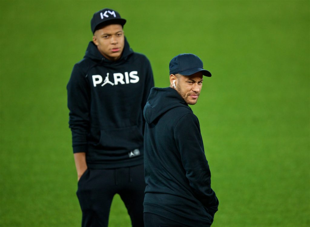 LIVERPOOL, ENGLAND - Monday, September 17, 2018: Paris Saint-Germain's Neymar da Silva Santos Júnior (right) and Kylian Mbappé (left) during a training session ahead of the UEFA Champions League Group C match between Liverpool FC and Paris Saint-Germain at Anfield. (Pic by David Rawcliffe/Propaganda)