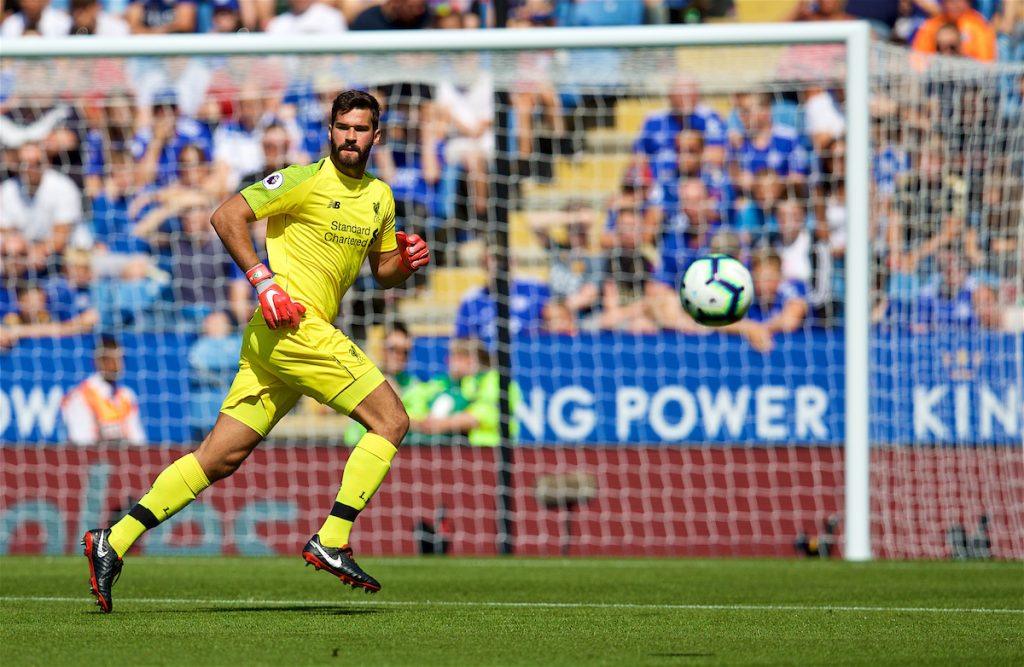 LEICESTER, ENGLAND - Saturday, September 1, 2018: Liverpool's goalkeeper Alisson Becker during the FA Premier League match between Leicester City and Liverpool at the King Power Stadium. (Pic by David Rawcliffe/Propaganda)