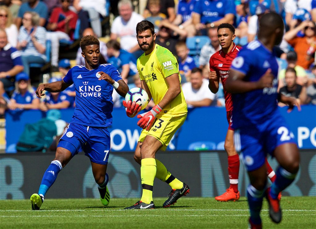 LEICESTER, ENGLAND - Saturday, September 1, 2018: Liverpool's goalkeeper Alisson Becker during the FA Premier League match between Leicester City and Liverpool at the King Power Stadium. (Pic by David Rawcliffe/Propaganda)