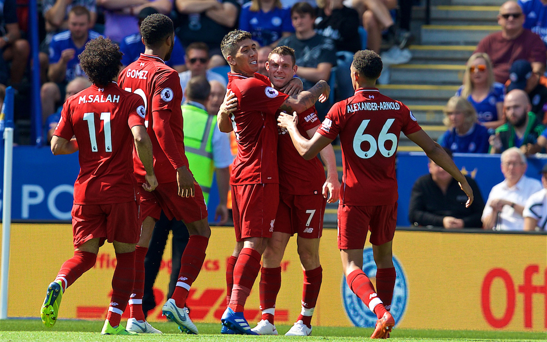 LEICESTER, ENGLAND - Saturday, September 1, 2018: Liverpool's Roberto Firmino celebrates scoring the second goal with team-mates during the FA Premier League match between Leicester City and Liverpool at the King Power Stadium. (Pic by David Rawcliffe/Propaganda)