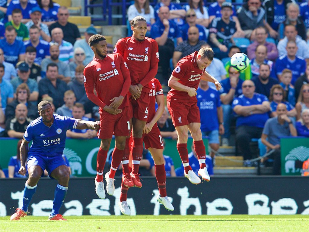 LEICESTER, ENGLAND - Saturday, September 1, 2018: Liverpool's Joe Gomez, Virgil van Dijk and James Milner defend a free-kick during the FA Premier League match between Leicester City and Liverpool at the King Power Stadium. (Pic by David Rawcliffe/Propaganda)