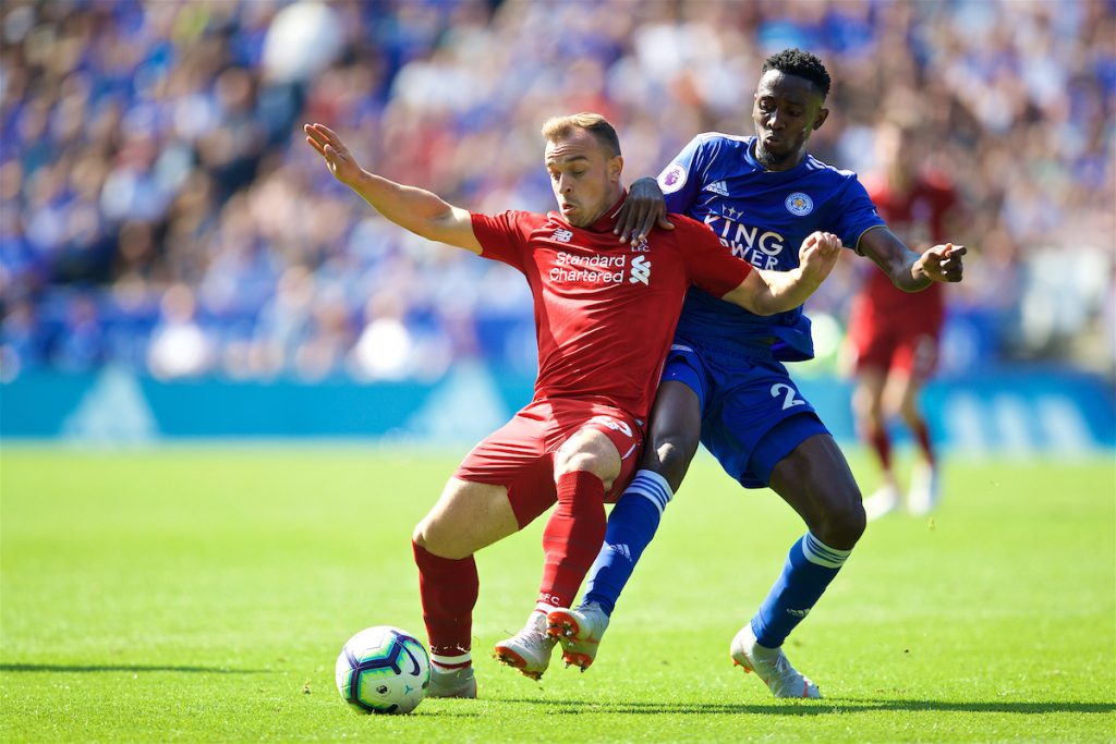 LEICESTER, ENGLAND - Saturday, September 1, 2018: Liverpool's Xherdan Shaqiri and Leicester City's Danny Simpson during the FA Premier League match between Leicester City and Liverpool at the King Power Stadium. (Pic by David Rawcliffe/Propaganda)