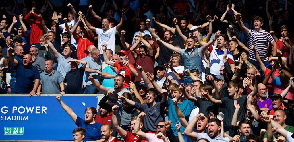 LEICESTER, ENGLAND - Saturday, September 1, 2018: Liverpool supporters celebrate 2-1 victory after the FA Premier League match between Leicester City and Liverpool at the King Power Stadium. (Pic by David Rawcliffe/Propaganda)