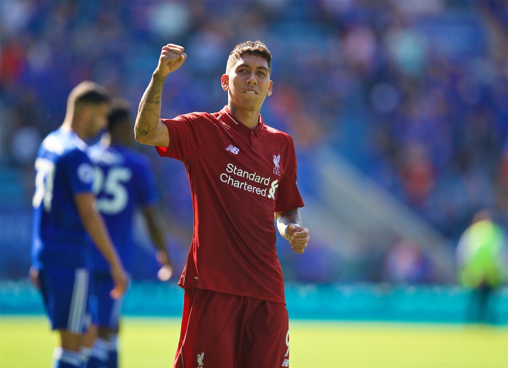 LEICESTER, ENGLAND - Saturday, September 1, 2018: Liverpool's Roberto Firmino celebrates 2-1 victory after the FA Premier League match between Leicester City and Liverpool at the King Power Stadium. (Pic by David Rawcliffe/Propaganda)