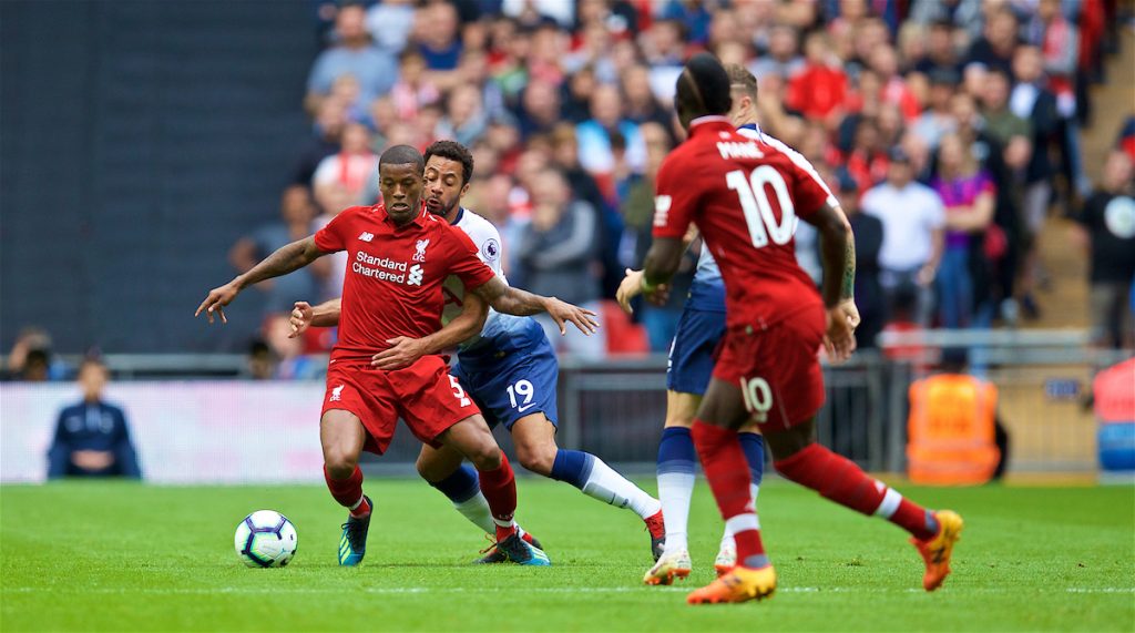 LONDON, ENGLAND - Saturday, September 15, 2018: Liverpool's Georginio Wijnaldum (left) and Tottenham Hotspur's Mousa Dembélé during the FA Premier League match between Tottenham Hotspur FC and Liverpool FC at Wembley Stadium. (Pic by David Rawcliffe/Propaganda)