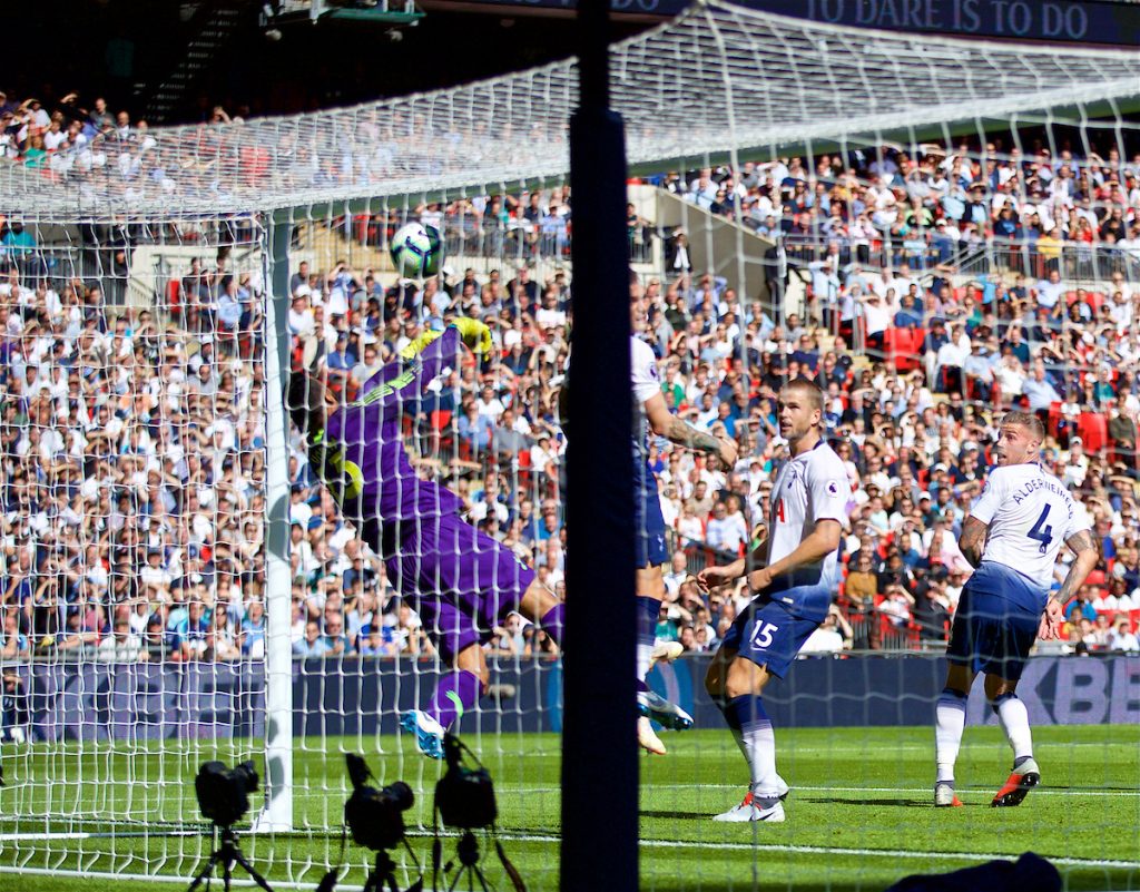 LONDON, ENGLAND - Saturday, September 15, 2018: Tottenham Hotspur's goalkeeper Michel Vorm makes a safe but the ball was over the line resulting in Liverpool's first goal scored by Georginio Wijnaldum during the FA Premier League match between Tottenham Hotspur FC and Liverpool FC at Wembley Stadium. (Pic by David Rawcliffe/Propaganda)