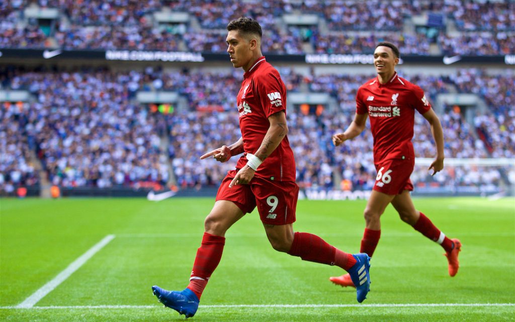 LONDON, ENGLAND - Saturday, September 15, 2018: Liverpool's Roberto Firmino (right) celebrates scoring the second goal during the FA Premier League match between Tottenham Hotspur FC and Liverpool FC at Wembley Stadium. (Pic by David Rawcliffe/Propaganda)