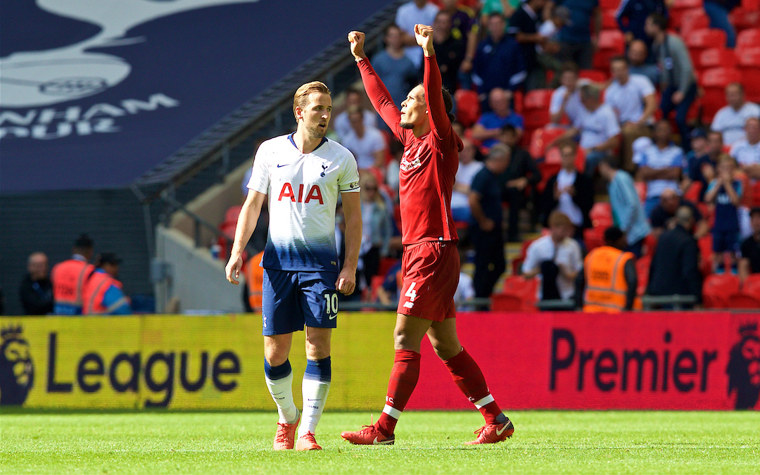 LONDON, ENGLAND - Saturday, September 15, 2018: Liverpool's Virgil van Dijk celebrates at the final wistle as Tottenham Hotspur's Harry Kane looks dejected after the FA Premier League match between Tottenham Hotspur FC and Liverpool FC at Wembley Stadium. Liverpool won 2-1. (Pic by David Rawcliffe/Propaganda)