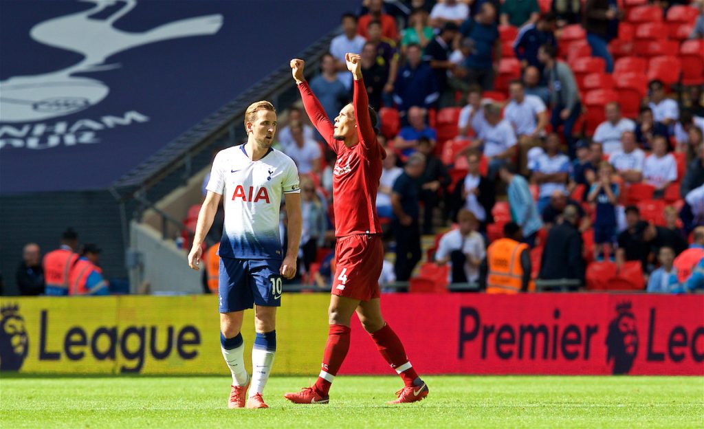 LONDON, ENGLAND - Saturday, September 15, 2018: Liverpool's Virgil van Dijk celebrates at the final wistle as Tottenham Hotspur's Harry Kane looks dejected after the FA Premier League match between Tottenham Hotspur FC and Liverpool FC at Wembley Stadium. Liverpool won 2-1. (Pic by David Rawcliffe/Propaganda)