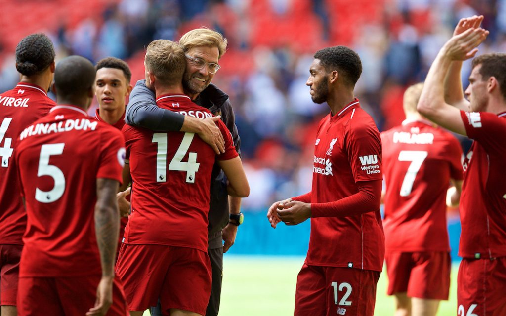 LONDON, ENGLAND - Saturday, September 15, 2018: Liverpool's manager J¸rgen Klopp embraces captain Jordan Henderson as they celebrate after the FA Premier League match between Tottenham Hotspur FC and Liverpool FC at Wembley Stadium. Liverpool won 2-1. (Pic by David Rawcliffe/Propaganda)