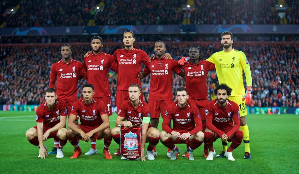 LIVERPOOL, ENGLAND - Tuesday, September 18, 2018: Liverpool's players line-up for a team group photograph before the UEFA Champions League Group C match between Liverpool FC and Paris Saint-Germain at Anfield. Back row L-R: Georginio Wijnaldum, Joe Gomez, Virgil van Dijk, Daniel Sturridge, Sadio Mane, goalkeeper Alisson Becker. Front row L-R: James Milner, Trent Alexander-Arnold, captain Jordan Henderson, Andy Robertson, Mohamed Salah. (Pic by David Rawcliffe/Propaganda)