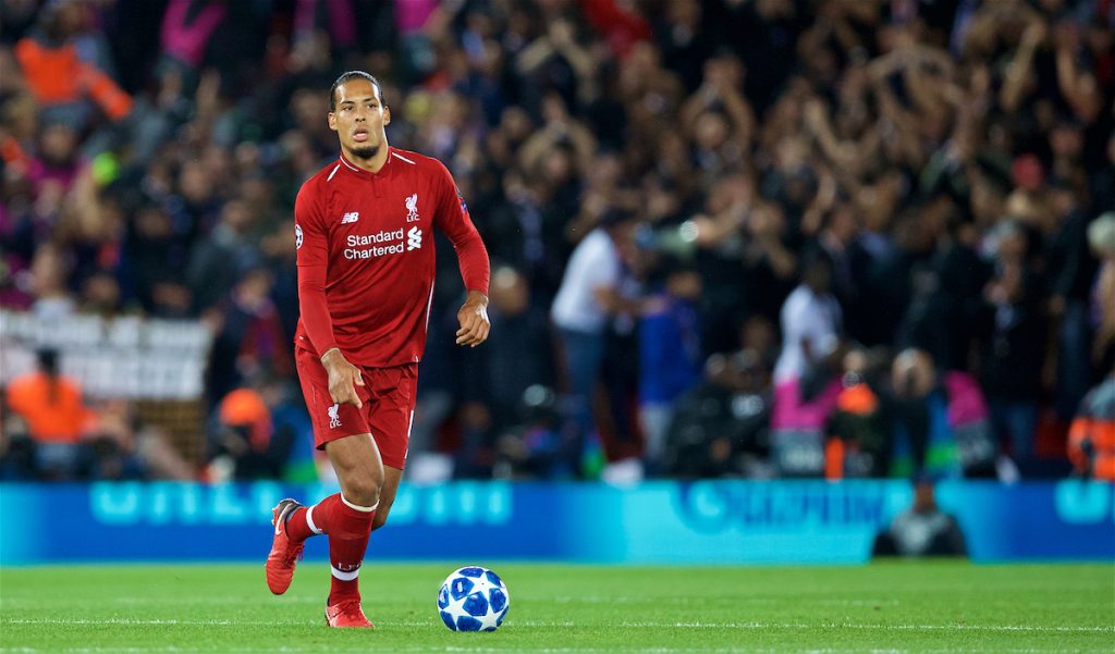 LIVERPOOL, ENGLAND - Tuesday, September 18, 2018: Liverpool's Virgil van Dijk during the UEFA Champions League Group C match between Liverpool FC and Paris Saint-Germain at Anfield. (Pic by David Rawcliffe/Propaganda)