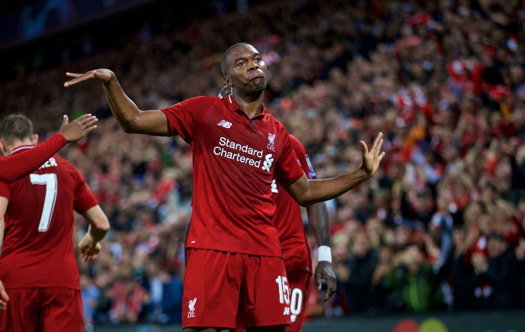 LIVERPOOL, ENGLAND - Tuesday, September 18, 2018: Liverpool's Daniel Sturridge celebrates scoring the first goal during the UEFA Champions League Group C match between Liverpool FC and Paris Saint-Germain at Anfield. (Pic by David Rawcliffe/Propaganda)