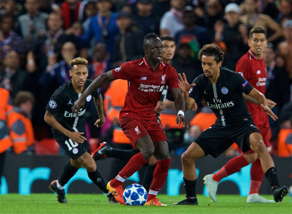 LIVERPOOL, ENGLAND - Tuesday, September 18, 2018: Liverpool's Sadio Mane during the UEFA Champions League Group C match between Liverpool FC and Paris Saint-Germain at Anfield. (Pic by David Rawcliffe/Propaganda)
