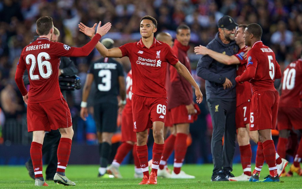 LIVERPOOL, ENGLAND - Tuesday, September 18, 2018: Liverpool's Trent Alexander-Arnold and Andy Robertson celebrate the victory after the UEFA Champions League Group C match between Liverpool FC and Paris Saint-Germain at Anfield. Liverpool won 3-2. (Pic by David Rawcliffe/Propaganda)