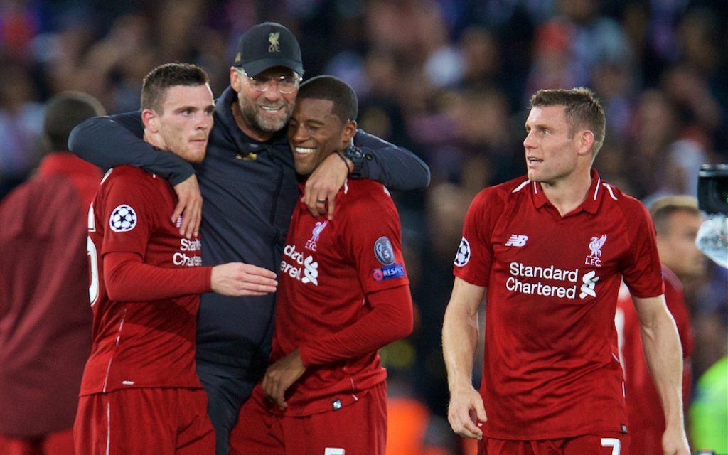 LIVERPOOL, ENGLAND - Tuesday, September 18, 2018: Liverpool's manager J¸rgen Klopp (2nd left) celebrates with Andy Robertson (left), Georginio Wijnaldum (2nd right) and James Milner (right) after the UEFA Champions League Group C match between Liverpool FC and Paris Saint-Germain at Anfield. Liverpool won 3-2. (Pic by David Rawcliffe/Propaganda)