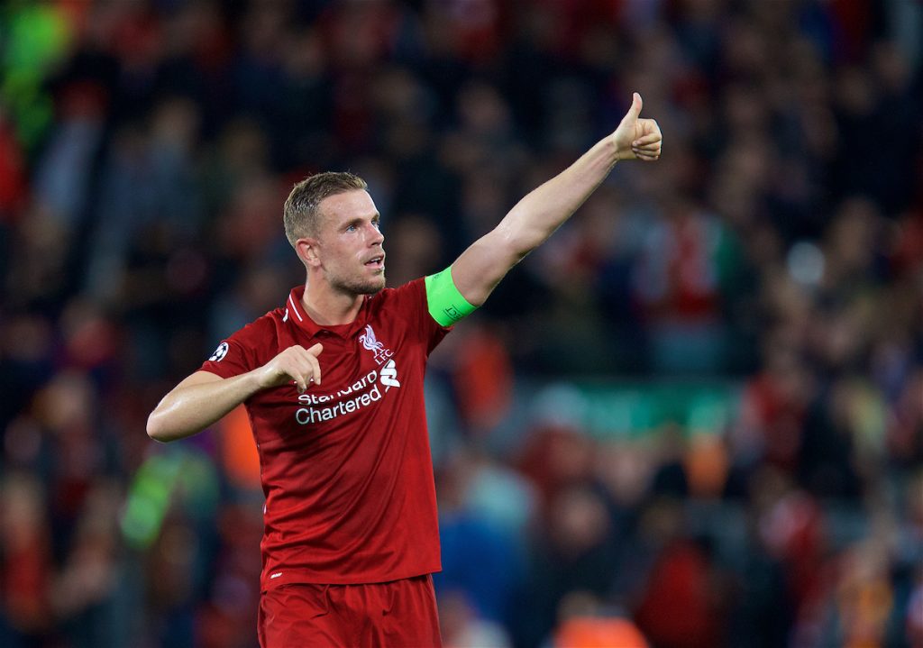 LIVERPOOL, ENGLAND - Tuesday, September 18, 2018: Liverpool's captain Jordan Henderson celebrates after the UEFA Champions League Group C match between Liverpool FC and Paris Saint-Germain at Anfield. Liverpool won 3-2. (Pic by David Rawcliffe/Propaganda)