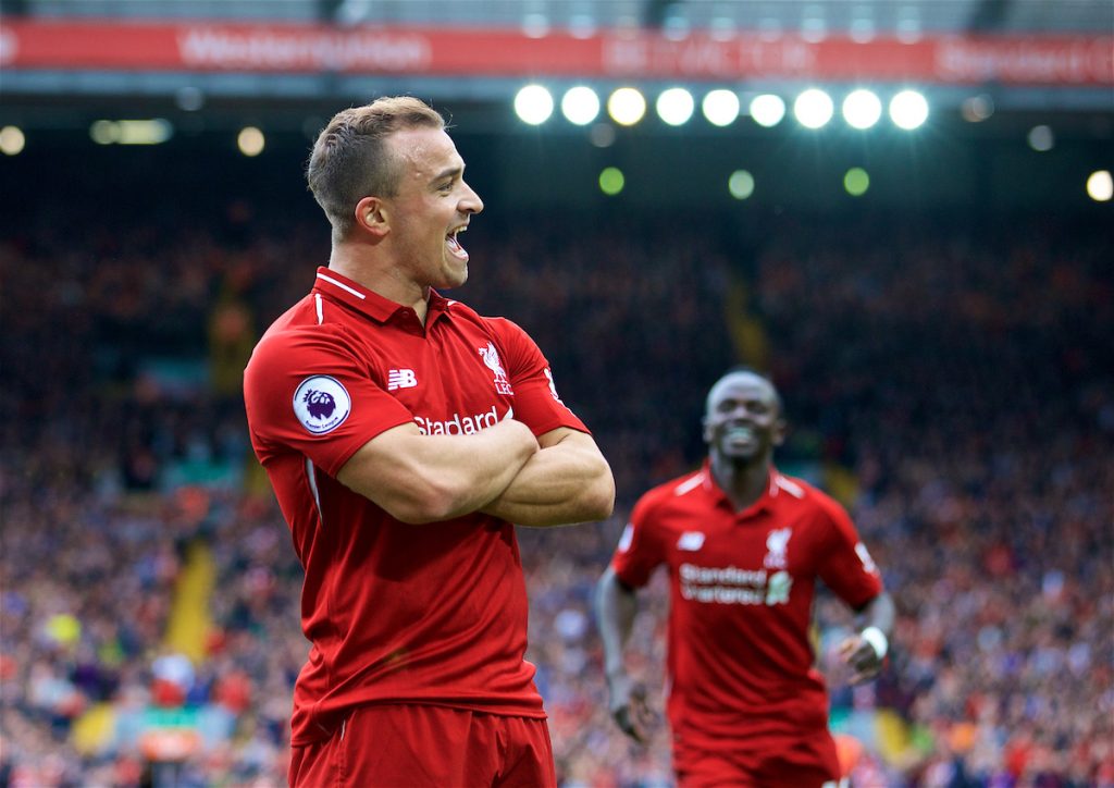 LIVERPOOL, ENGLAND - Saturday, September 22, 2018: Liverpool's Xherdan Shaqiri celebrates creating the first goal, an own goal by Wesley Hoedt, during the FA Premier League match between Liverpool FC and Southampton FC at Anfield. (Pic by Jon Super/Propaganda)