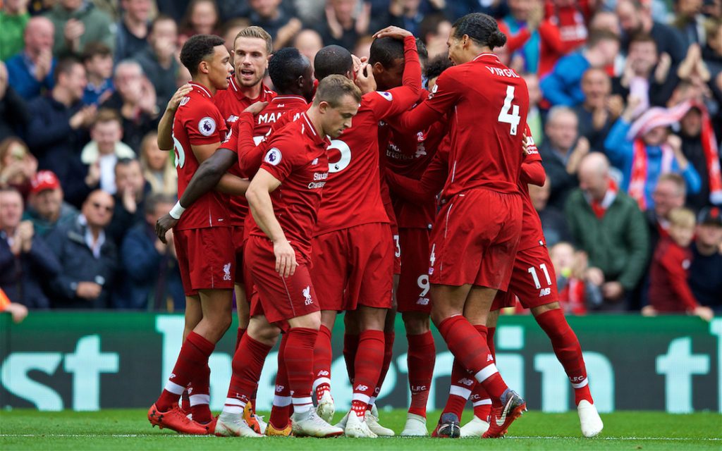 LIVERPOOL, ENGLAND - Saturday, September 22, 2018: Liverpool's Joel Matip (3rd from right) celebrates scoring the second goal with team-mates during the FA Premier League match between Liverpool FC and Southampton FC at Anfield. (Pic by Jon Super/Propaganda)