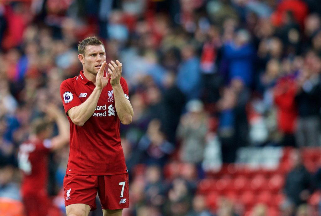 LIVERPOOL, ENGLAND - Saturday, September 22, 2018: Liverpool's substitute James Milner applauds the supporters after the FA Premier League match between Liverpool FC and Southampton FC at Anfield. Liverpool won 3-0. (Pic by Jon Super/Propaganda)