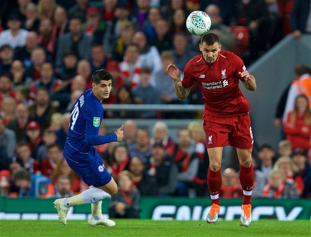 LIVERPOOL, ENGLAND - Wednesday, September 26, 2018: Liverpool's Dejan Lovren during the Football League Cup 3rd Round match between Liverpool FC and Chelsea FC at Anfield. (Pic by David Rawcliffe/Propaganda)